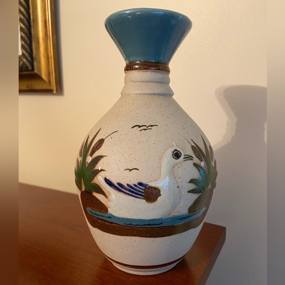 Vintage Tonala Mexican Folk Art Sandstone Pottery Vase Bird Duck on Water - Picture 1 of 7